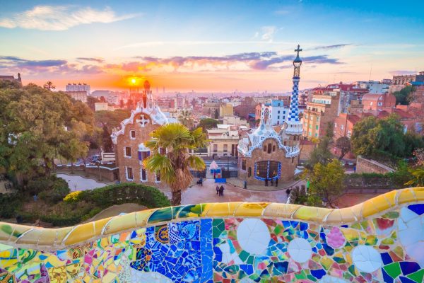 View-of-barcelone-from-the-park-at-sunrise-Park-Guell-in-Barcelona-Spain